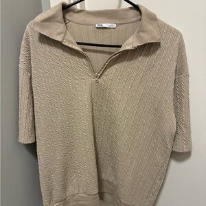 Zara Beige Textured Half-Zip Polo